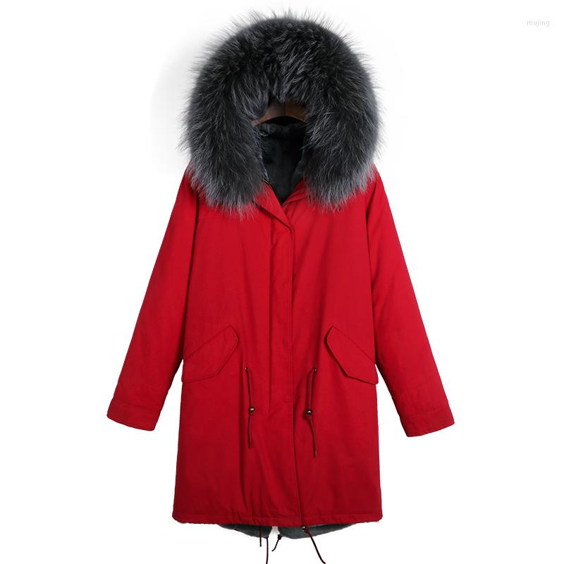 

Men' Down Cerise Fur Coat Winter Faux Lined Parka Warm Wear For Women Chic Overcoat, Red