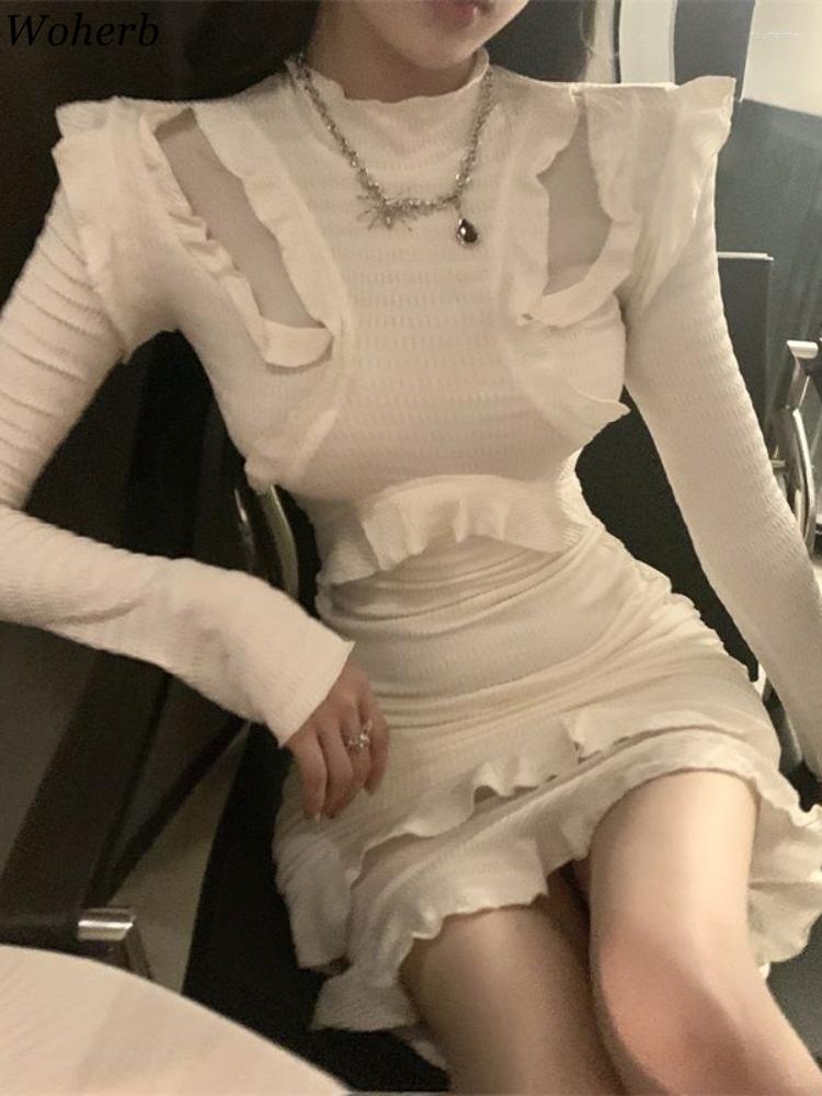 

Casual Dresses Woherb Y2k Bodycon Woman Dress Chic Knitted Korean Robe Vestido Feminino Temperament Ruffles Mini 2023 Vestidos De Mujer, Milk apricot