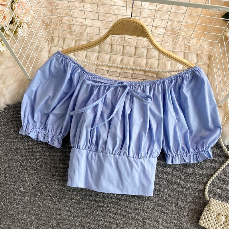 

Women's Blouses & Shirts Summer Lace Bow Crop Top Square Collar Temperament High Waist Short Women Puff Sleevetops For 2023 Z878 Wall22, Blue