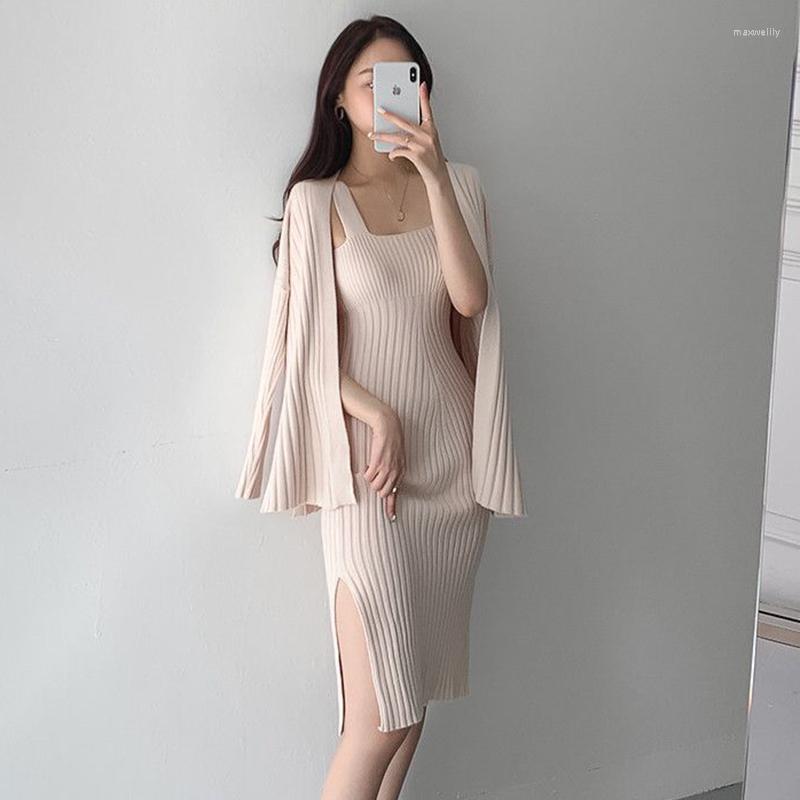 

Work Dresses Korean Fashion Autumn 2 Piece Sets Womens Outfits Knitted Long Sleeve Cardigan Sexy Split Sling Dress Women' Suit, Black