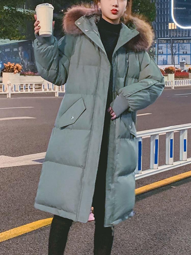 

Women' Trench Coats Women' Winter Jacket Long Cotton Korean Wool Collar Hooded Thick Parka Warm Loose Pad Knee Length Coat, Beige