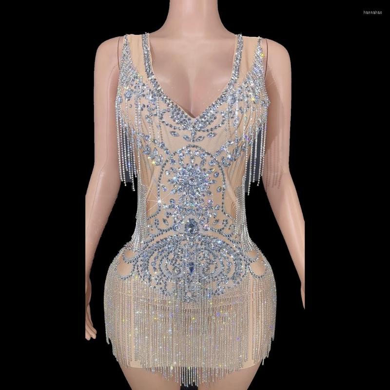 

Stage Wear Sparkly Rhinestones Chains Women Birthday Celebrate Evening Prom Party Dress Short V Neck Sexy Performance Show, Gold