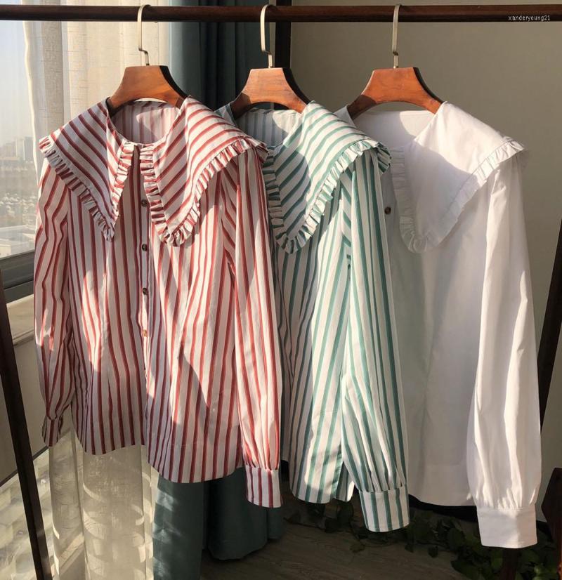 

Women' Blouses Spring France Style Women High Quality Cotton Stripe Vintage Shirt Tops C524, Green