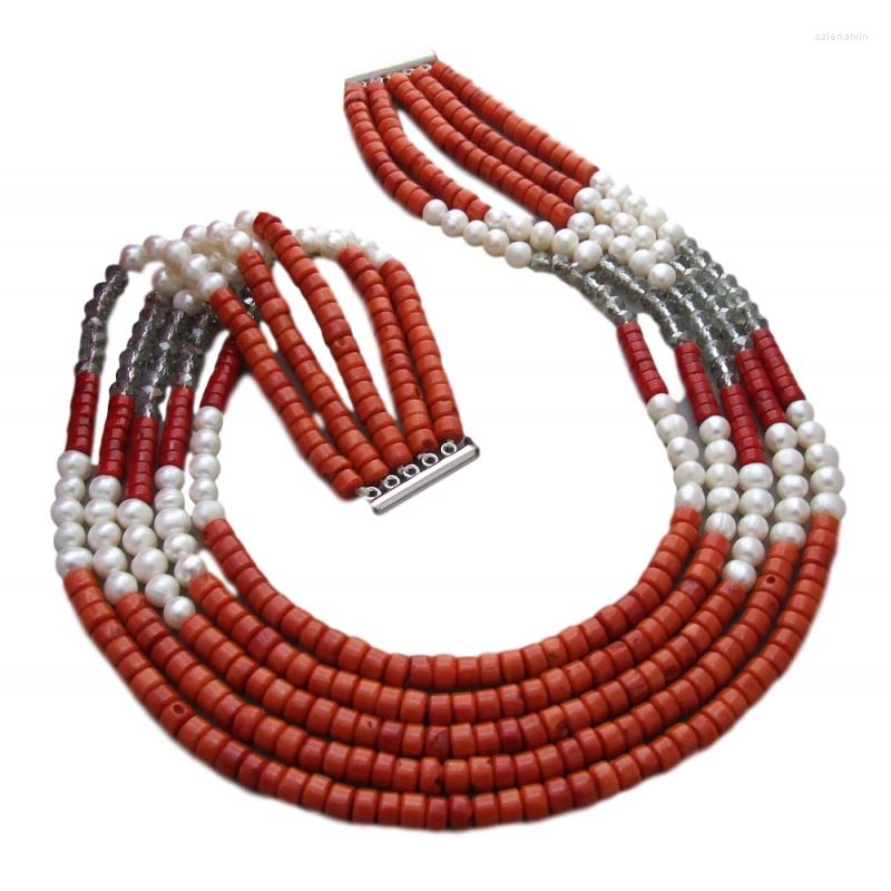 

Chains 5 Strds Fresh White Pearl Red Coral Crystal Necklace 19"