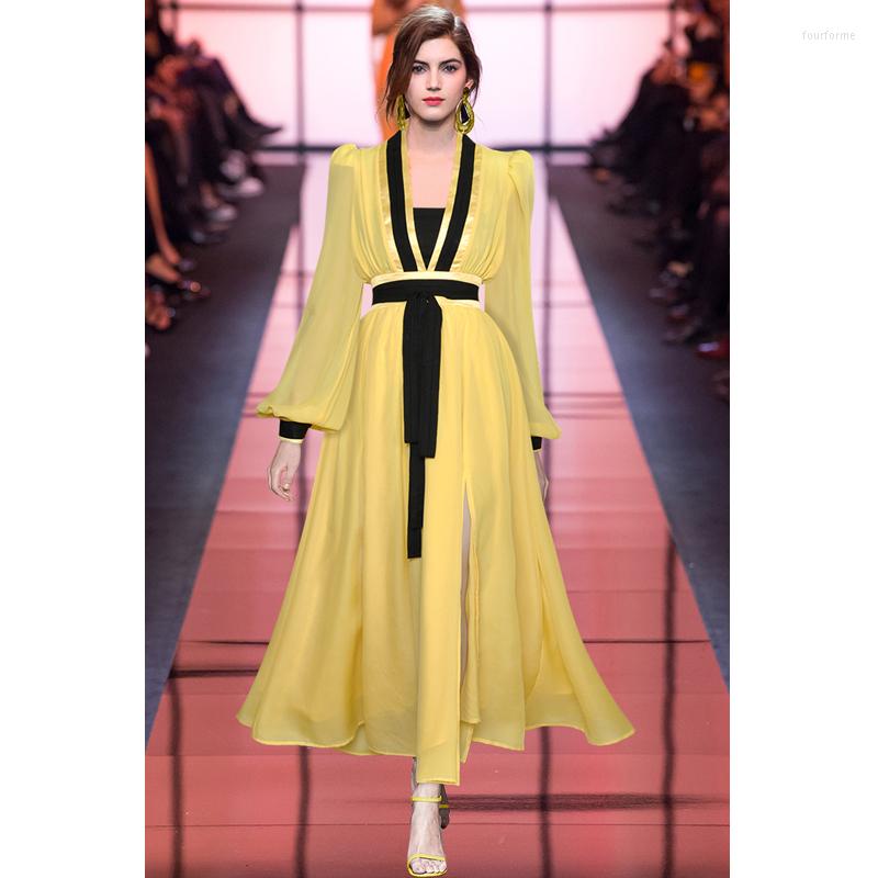 

Casual Dresses Janeyiren Fashion Runway Dress Autumn And Winter Women V-neck Lantern Sleeves Belted Waist Slit Long Yellow Skirt
