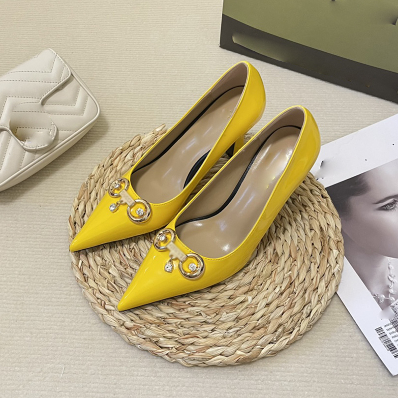 

Designer Womens Shoes Cat Heel Leather Shoes Diamond High Heels Patent Leather Single Shoe Work Shoes Solid Color Pointed Sandals Slippers Party Heel Height 7cm, Box