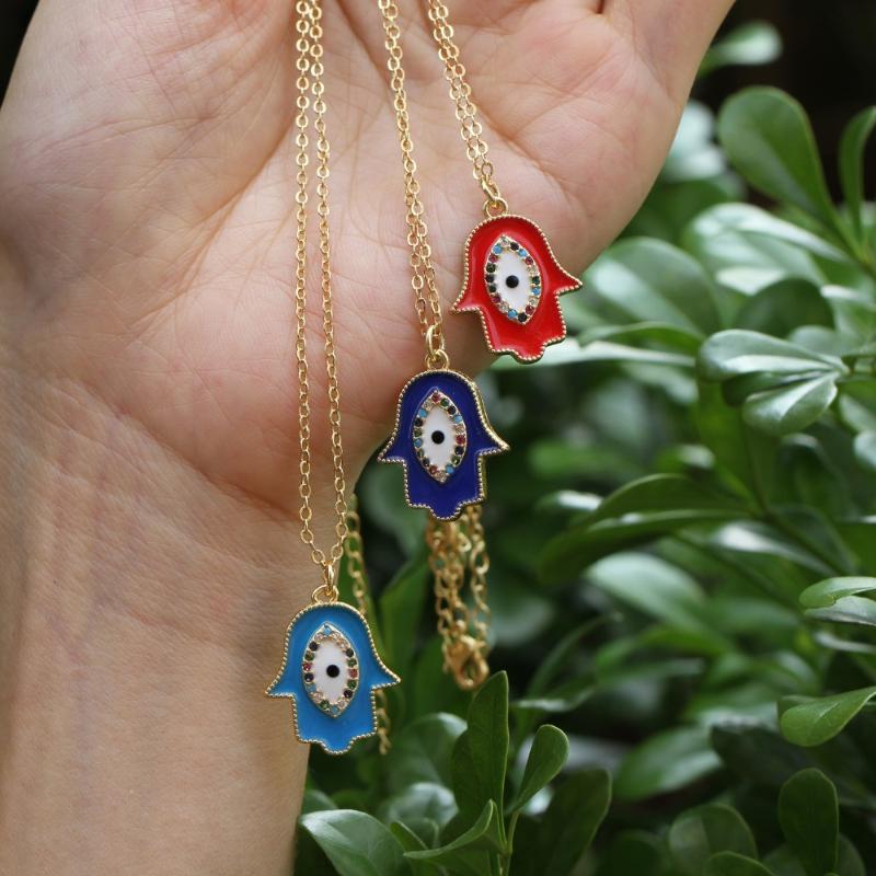 

Chains Vintage Bohemia Style Palm Enamel Zirconia Inlay Pendant Link Chain Necklace Wholesale Price Per PieceChains