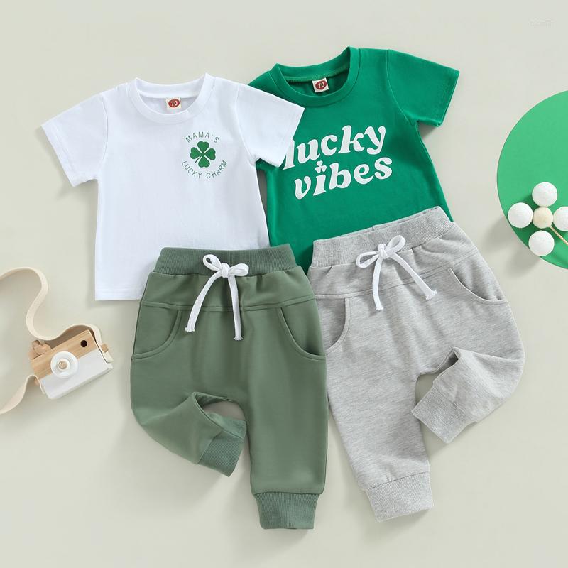 

Clothing Sets St. Patrick's Day Toddler Boy Summer Clothes Set Letter Clover Print Short Sleeve Round Neck T-Shirt Solid Drawstring, Green