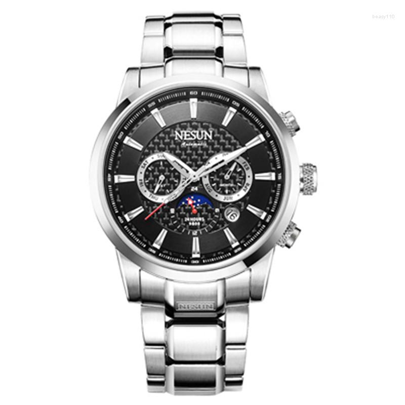 

Wristwatches NESUN Watch Male Multi-Function Display Clock Automatic Mechanical Luminous Waterproof Moon Phase Steel Belt Watches, Silver