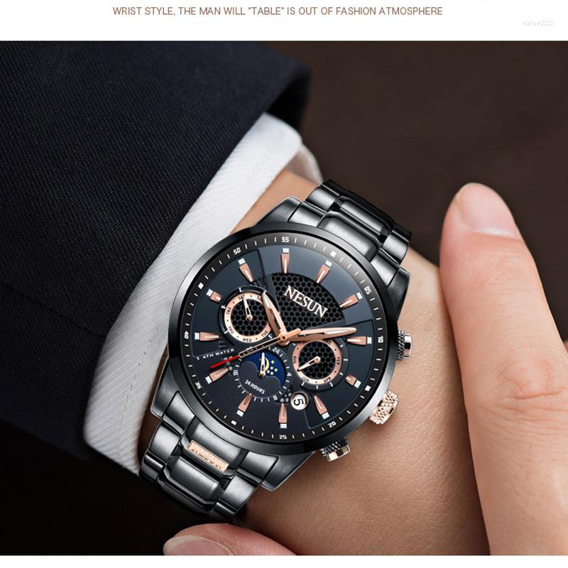 

Wristwatches NESUN Brand Men's Multifunctional Automatic Mechanical Watch Fashion Casual Waterproof Moon Phase Watches Relogio Masculino, Leather-rose black
