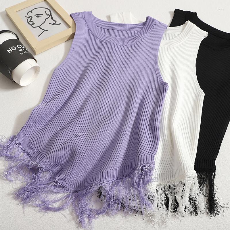 

Women's Tanks Hikigawa Chic Fashion Women Tops With Tassel Solid O Neck Sleeveless Design Knitted Tank Top Sweet Elegant Cropped Y2k Mujer, Purple
