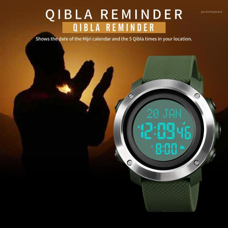 

Wristwatches Digital Men Watches Muslim Azan Prayer Qibla Wristwatch Compass Alarm Hijri Calendar Chrono Islamic Clock Japan Movement, Green white 2
