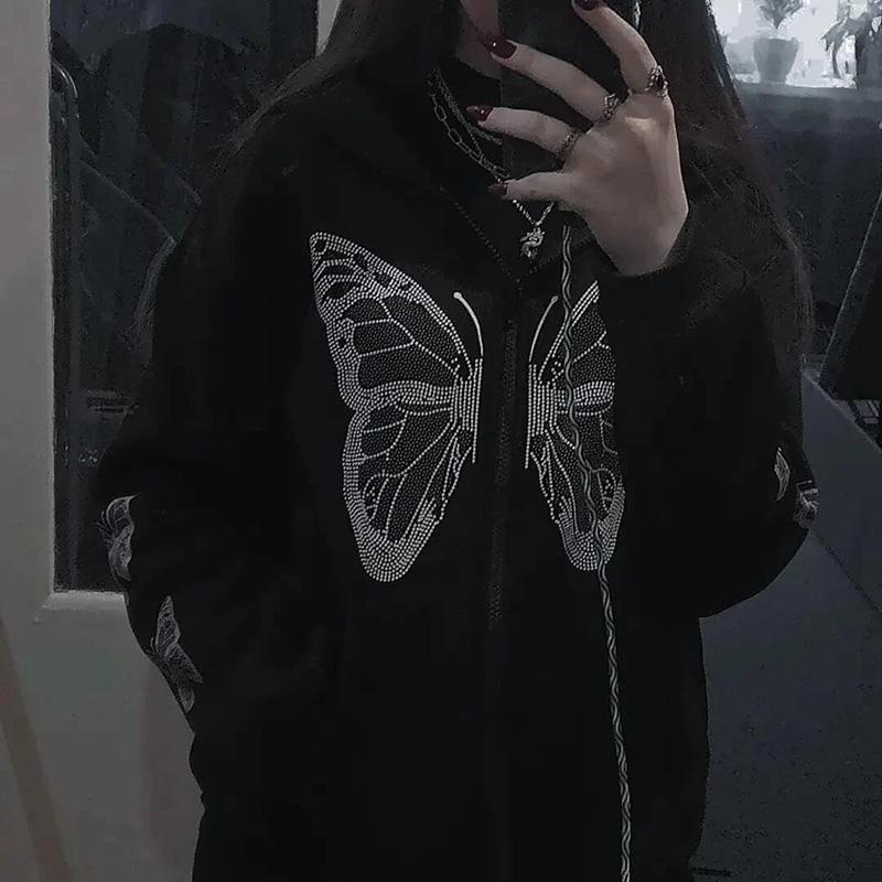 

Women' Hoodies & Sweatshirts Clothes Fashion Oversized Butterfly Goth Graphic Print Zip Up Autumn Grunge 90s Retro Woman Jacket CoatWomen, Black