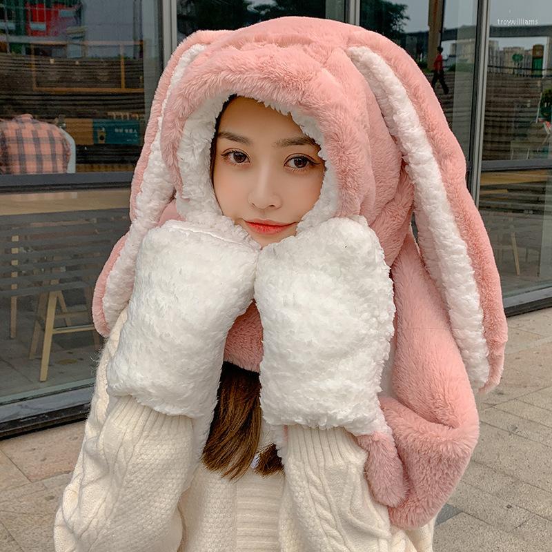 

Berets 3 In 1 Gloves Hooded Scarf Hat Set Windproof Soft Warm Balaclava With Ears Big Ear Long Skiing Neck Scarves, Black