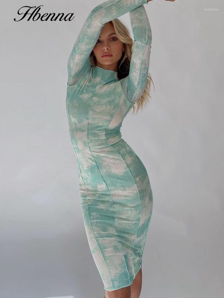 

Casual Dresses Hbenna Sexy Tie-Dye Dress Long Sleeve Ankle-Length Skinny Fashion Summer 2023 Print Lady O Neck, Sky blue