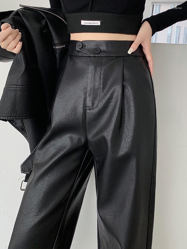 

Women's Pants High Quality Pu Leather Casual Straight Trousers Elastic Waist Wide Leg Suit Korean Fashion Women Clothing, Black conventional