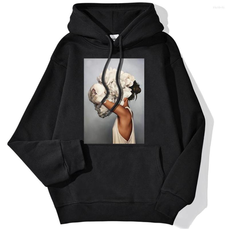 

Men' Hoodies Flowers Girl Vintage Printing Mens Clothing Autumn Fleece Streetwear Pattern Loose Street Warm Male, Black