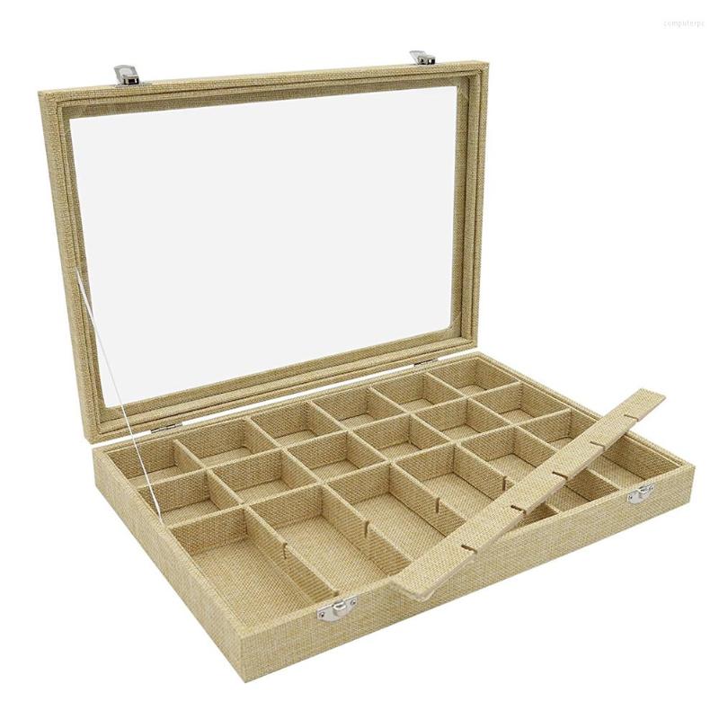 

Jewelry Pouches 24 Grid Linen Box Removable Showcase Storage Rings Earrings Brooch Buttons Vintage Organizer Glass Top