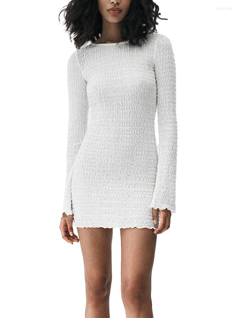 

Casual Dresses Spewahor Women  Long Sleeve Backless Bodycon Dress Solid Color Ribbed Round Neck Hollow Out Slim Mini Short, White