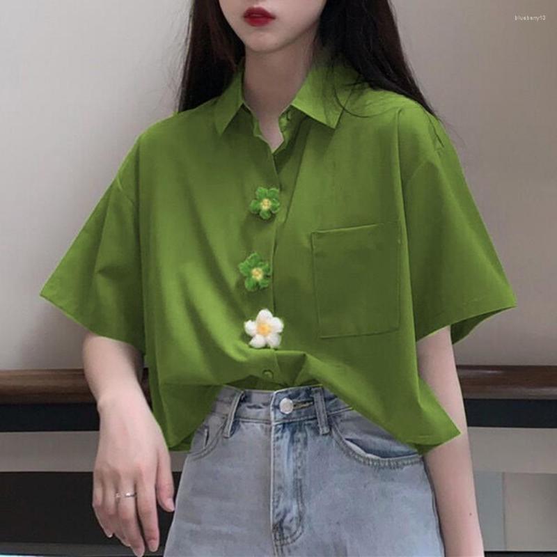 

Women's Blouses Summer Autumn Elegant Women Shirt Loose Solid Color Blouse Turn Down Collar Flower Buttons Shirts Female Streetwear 2023, Red