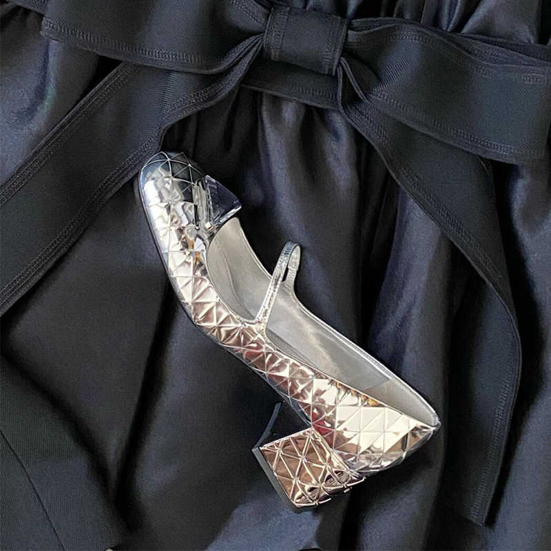 

Shoes P family triangular standard silver Mary Jane single shoes women's 2023 new thick heels high heels wrapped back empty sandals, Silver full band [ 5cm ]