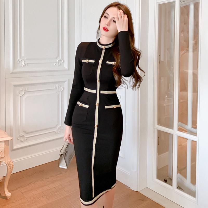 

Casual Dresses Fashion Autumn Vintage Female Knitted Stretch Midi Party Dress Ladies Elegant Streetwear Long Sleeve Bodycon Button Black Dre