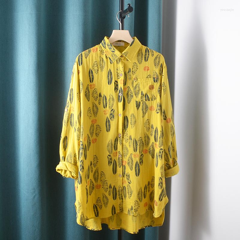 

Women's Blouses 6 Colors-- Lamtrip Unique Leaves Print Long Shirt Cotton Yarn Blouse 2023 Autumn, Brown