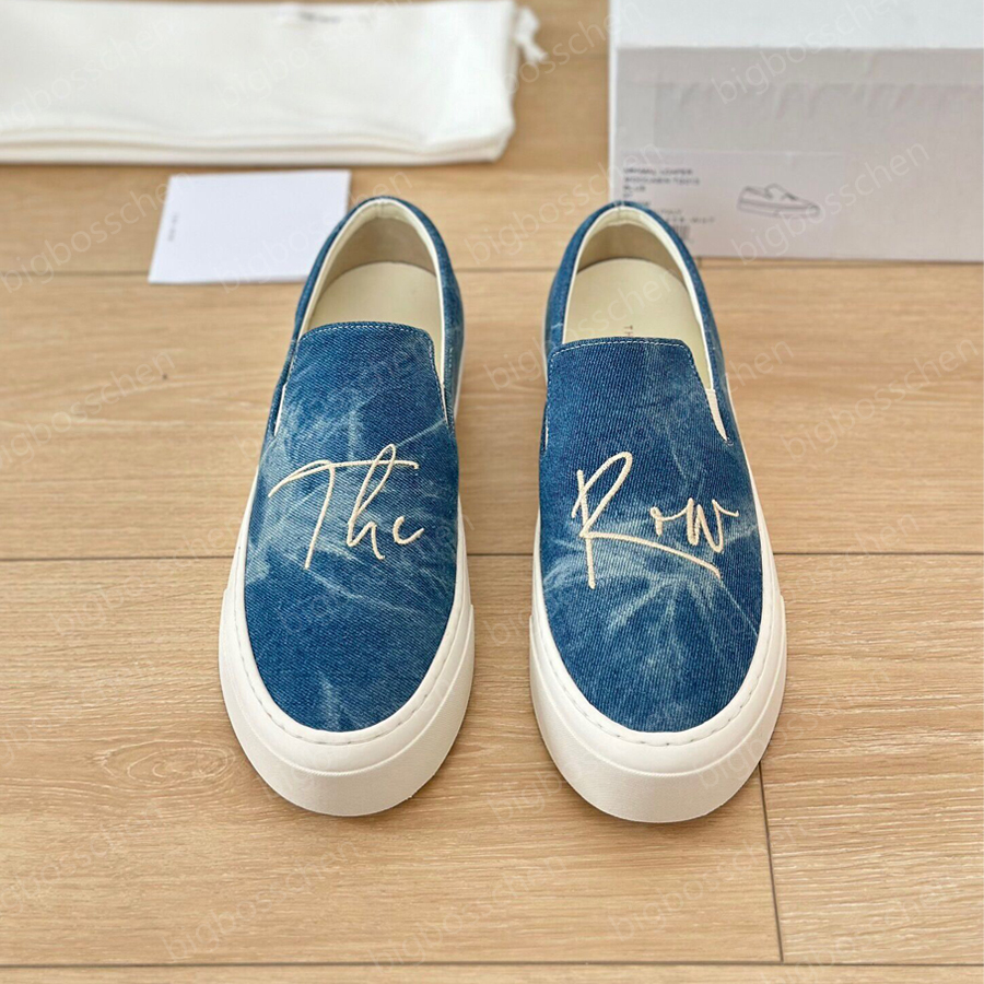 

Designer Casual Shoes Women's Sneakers The Row Limited Edition Lofer Fashion Luxury Thick Bottom Denim Blue Canvas Washed Embroidered Letters One Stirrup Loafers