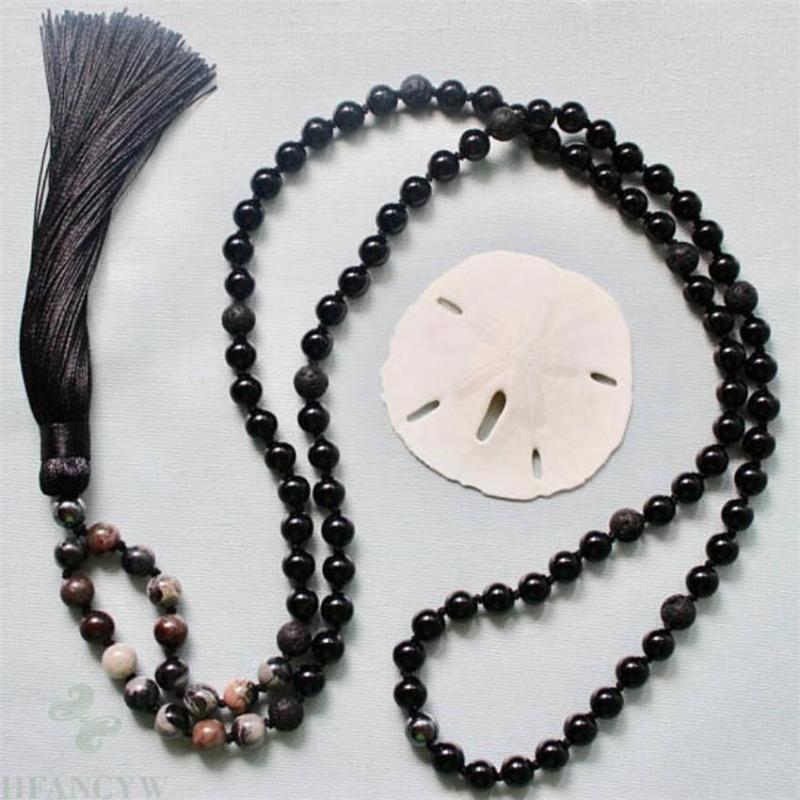 

Chains 8mm Obsidian Lava Stone Gemstone Mala Necklace 108 Beads Meditation Healing Spirituality Wrist Chakas Multi-color Sutra Tassel