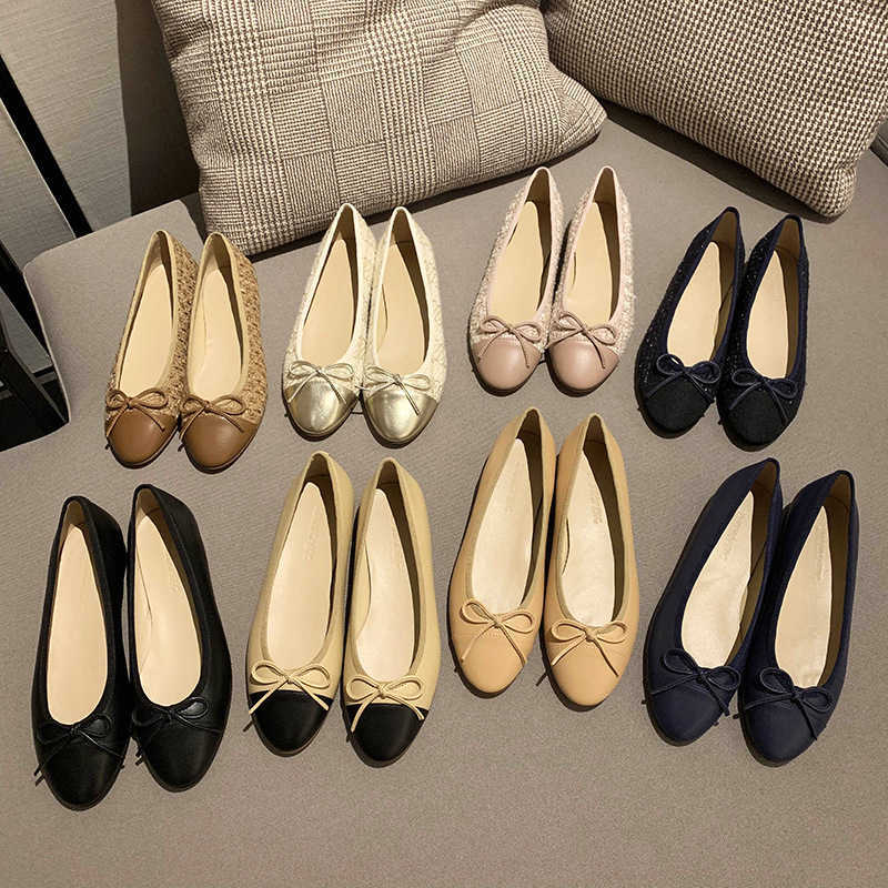 

Shoes Single shoe 2023 spring new style small fragrance shallow mouth color matching bow round head flat heel ballet casual versatile shoes, Gold color