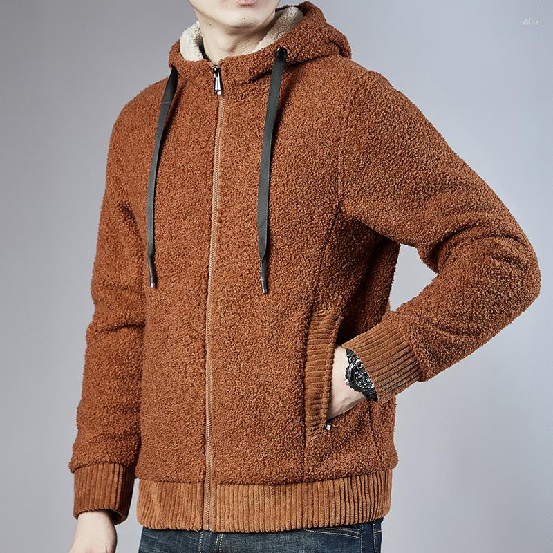 

Men's Jackets Korean Middle Aged Fashion Casual Hooded Plush Thickened Jacket Men'S Versatile Winter Lamb Fleece Warm Sports Cardigan, Black
