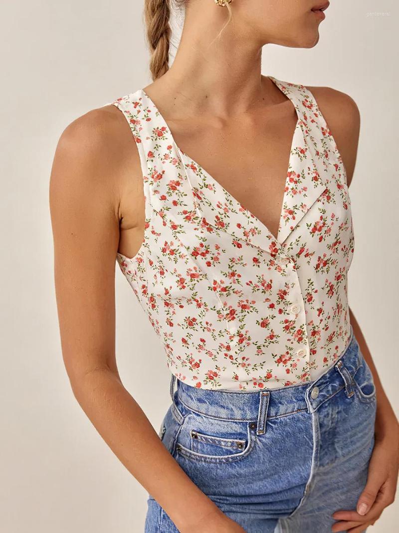 

Women' Blouses Red Floral Shirts 2023 Summer Female Clothing Turn-down Collar Sleeveless Printed Elegant Casual Mujer Chemises Hauts, Multi