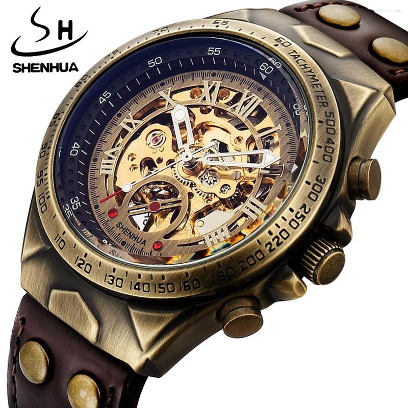 

Wristwatches SHENHUA Luxury Self-Wind Tachymeter Skeleton Steampunk Vintage Bronze Buckle Automatic Mechanical Clock Gift Watch Men Reloj, Sh9869-2