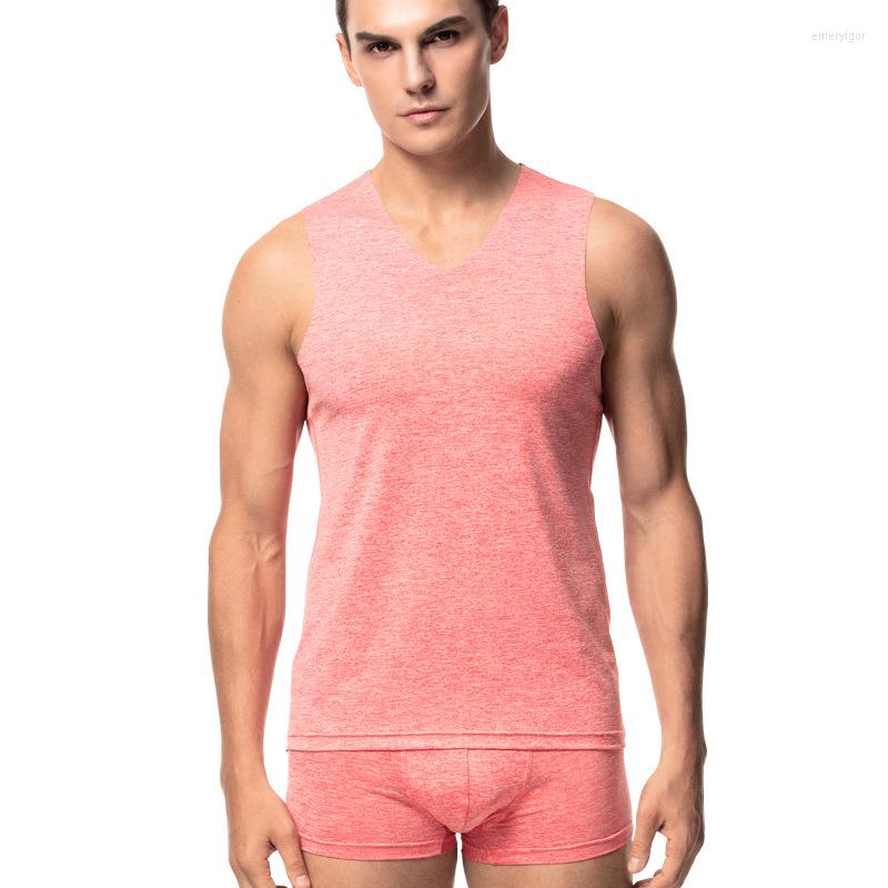 

Men's Tank Tops 2023 Silm Ice Silk Trackless Vest Men's Tight Wide Shoulder V-neck Solid Body Building Suit Mens Shirt And Pant Set, -sd black