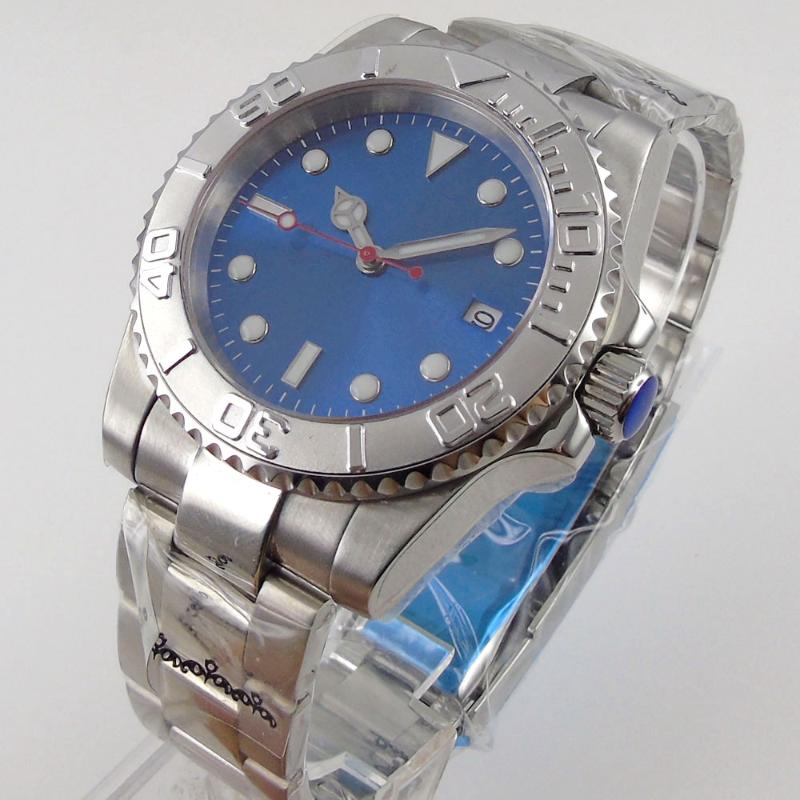 

Wristwatches 40mm Men's Automatic Watch Genuine NH35 NH35A Miyota 8215 Movement Sterile Blue Dial Sapphire Glass Date Screw In Crown, Picture shown