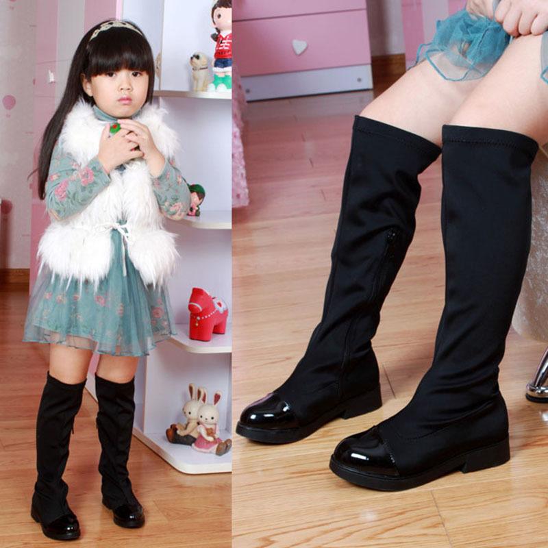 

Boots Princess Shoes Autumn Winter Kids Girls Long Children's Stretch Fabric Fashion Soft Knee-High Black 2.5