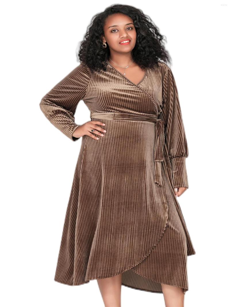 

Plus Size Dresses Elegant Spring Autumn Long Sleeve Midi Velvet Wrap Dress Women Light Brown Tie Waist V-neck Formal Party 7XL 8XL, Picture shown