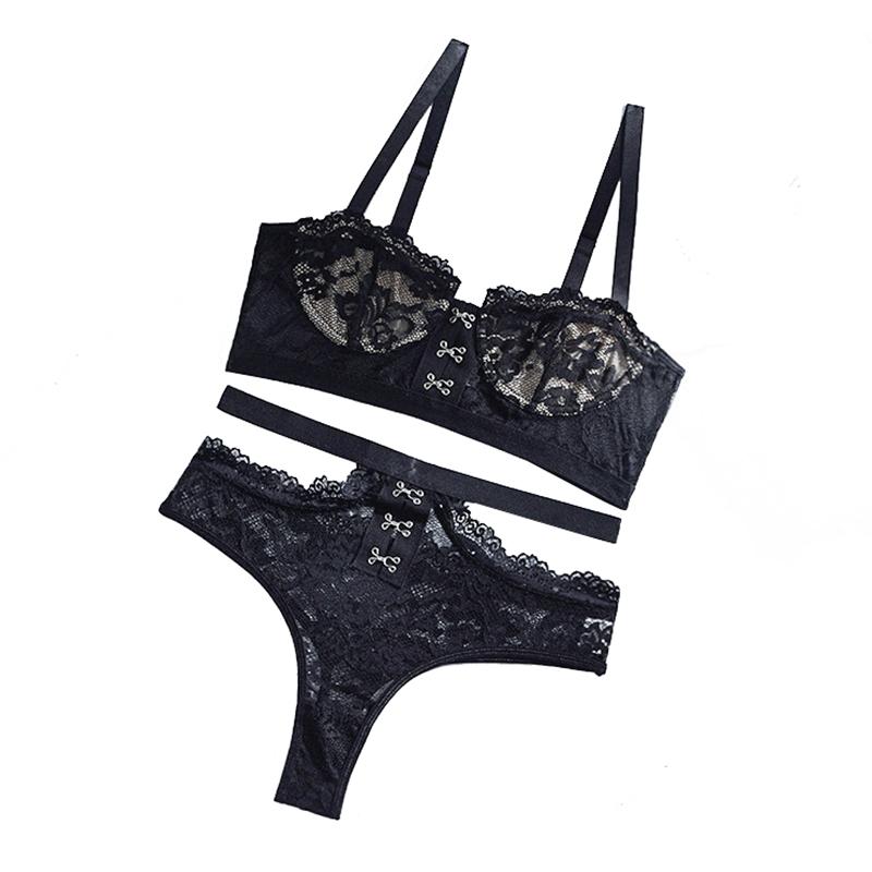

Bras Sets 2-Piece Lace Bra Briefs Set Black Women Transparent Gather Underwire Panty Lingerie Sexy Hight Waist Underwear