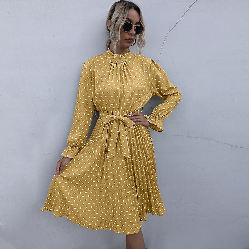 

Casual Dresses Woman Autumn Spring Pleated Midi Dress Polka Dot Print Ruched Belt Bow Long Sleeve Elegant White Trendy For Women, Black