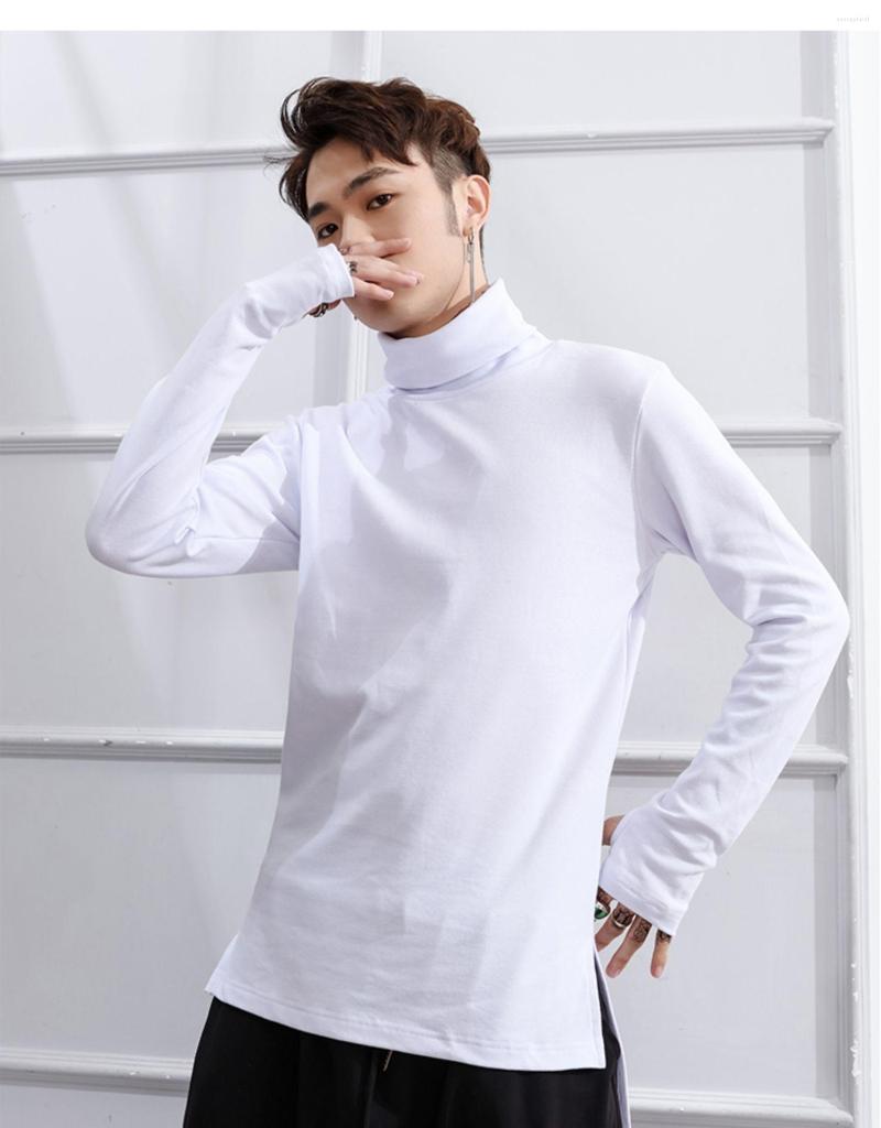 

Men' T Shirts And Winter Autumn Korean High Collar Loose T-shirt Slim Fit Medium Long Sleeve Base Shirt Side Split Front Short Back Tide, Black