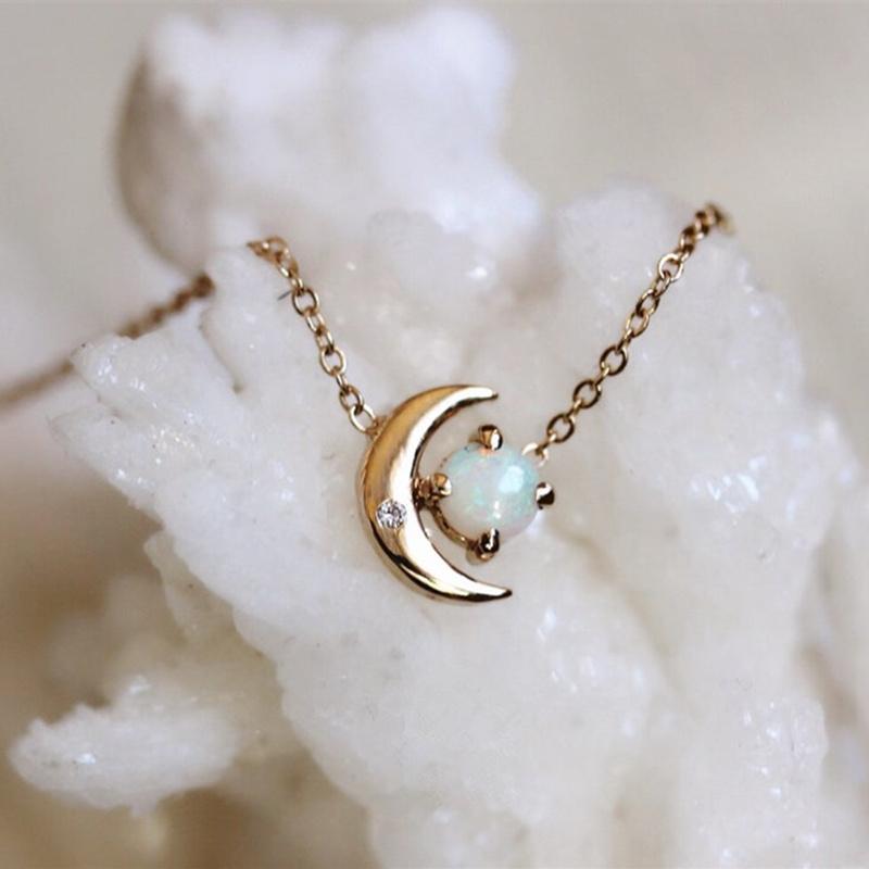 

Pendant Necklaces Dainty Gold Silver Color Crystal Moon Necklace White Fire Opal For Women Jewelry Birthday Gifts