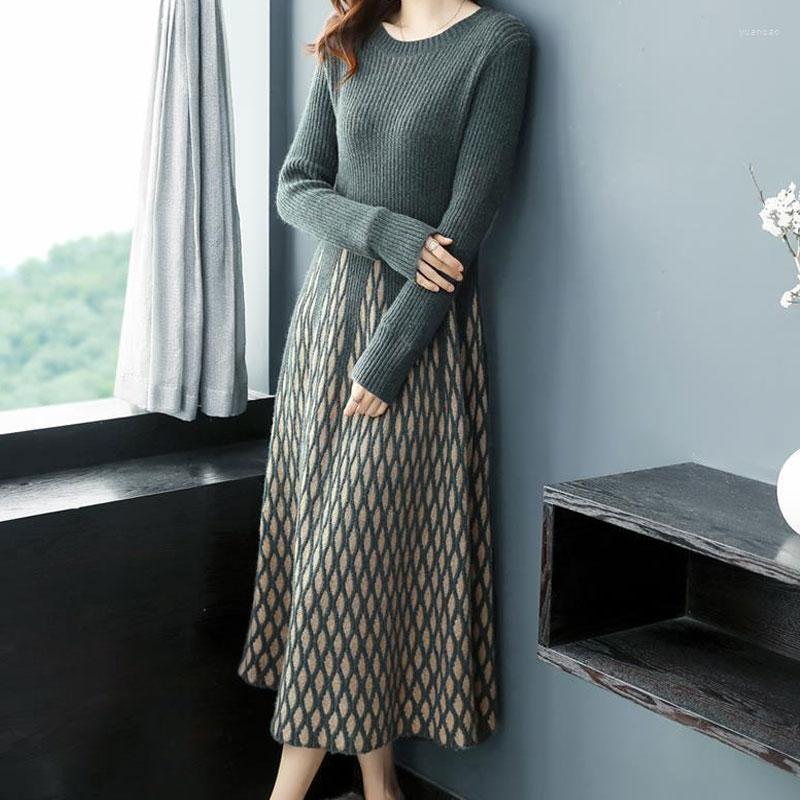 

Casual Dresses Rhombic Knitted Dress Autumn Winter Long Sleeve Round Neck Splice Mid Length Sweater With Waist Collection Fashion, Picture color