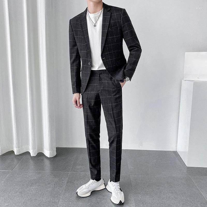 

Men's Suits Suit Light Luxury For Men 2023 Lattice Trend Casual Handsome Two-piece Set Autumn Tide British Wedding Dress 2Y9879, Gray