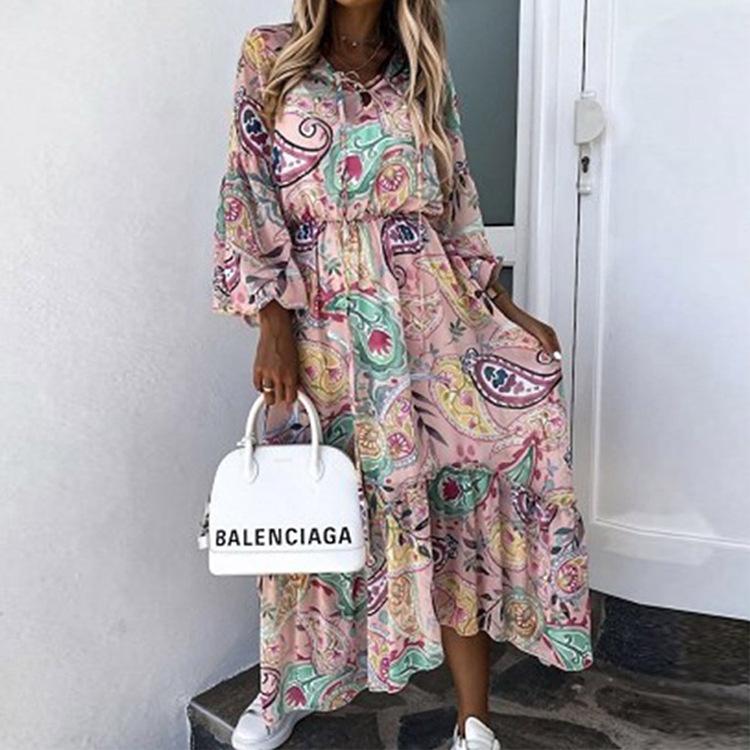 

Casual Dresses 2023 Women Summer Floral Print Midi Dress Full Lartern Sleeves Lace Up V-Neck Pullover Sexy Plus Size Cotton Party Beach, Green