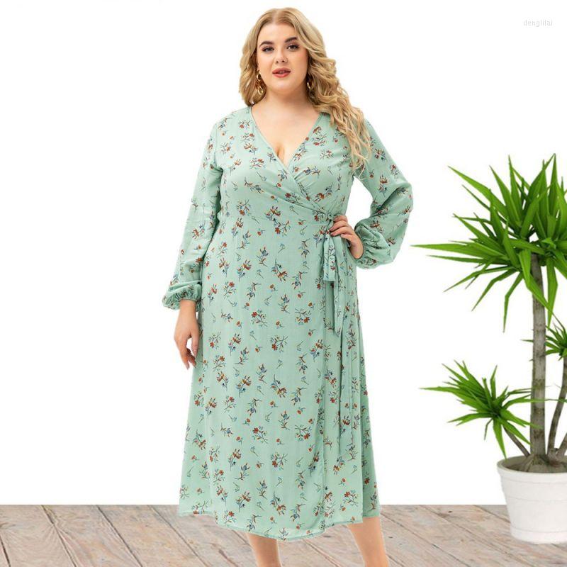 

Plus Size Dresses Long Sleeve Dress For Women Fall 2023 Elegant V Neck Empire Ruffle Hem Big Clothes, Green