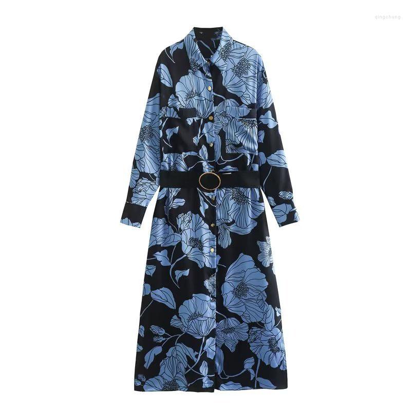 

Casual Dresses Women2023 Autumn Fashion Flowers Print Midi Dress Vintage Long Sleeves With Belt Elegant Female Vestidos Mujer XX 9026, Blue