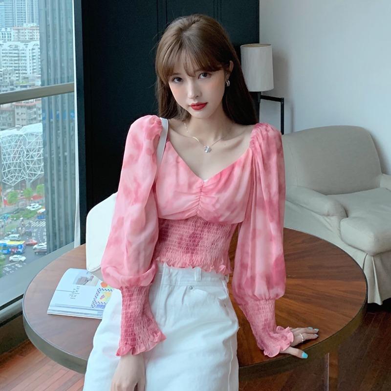 

Women's Blouses & Shirts Print Pink V-neck Autumn Puff Sleeve Clothing Crop Top Korean Clothes Chiffon Fashion Brand Ladies