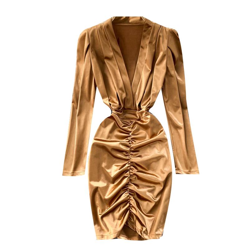 

Casual Dresses Women Autumn Winter Long Sleeve Sexy Deep V Neck Pleated Bodycon Dress Female Party Sheath Vestidos Golden, Yellow