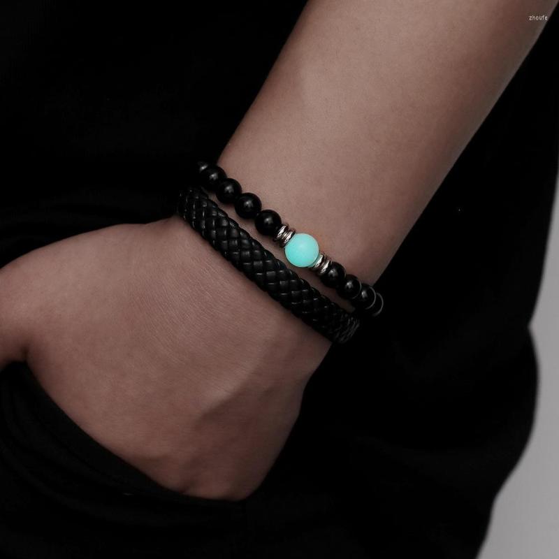 

Charm Bracelets Fashion Double Hand-woven Rope Luminous Beads Stainless Steel Bracelet For Man Trend Elegant Personality Jewelry