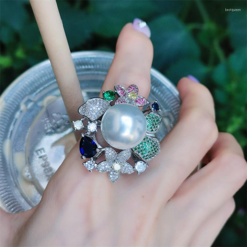 

Wedding Rings Fashion Bohemian Style Flower Pearl Ring Luxury Women Jewelry Accessories Exaggerated Large Crystal Open